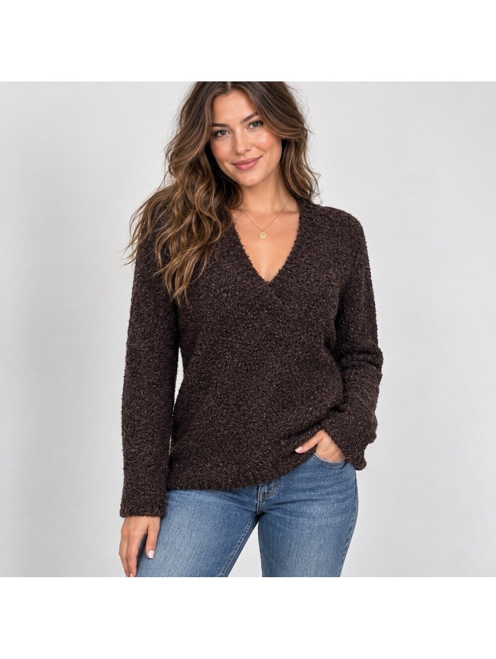Merona Wool Blend Boucle Sweater Women L Brown V Neck Textured Pullover Y2K